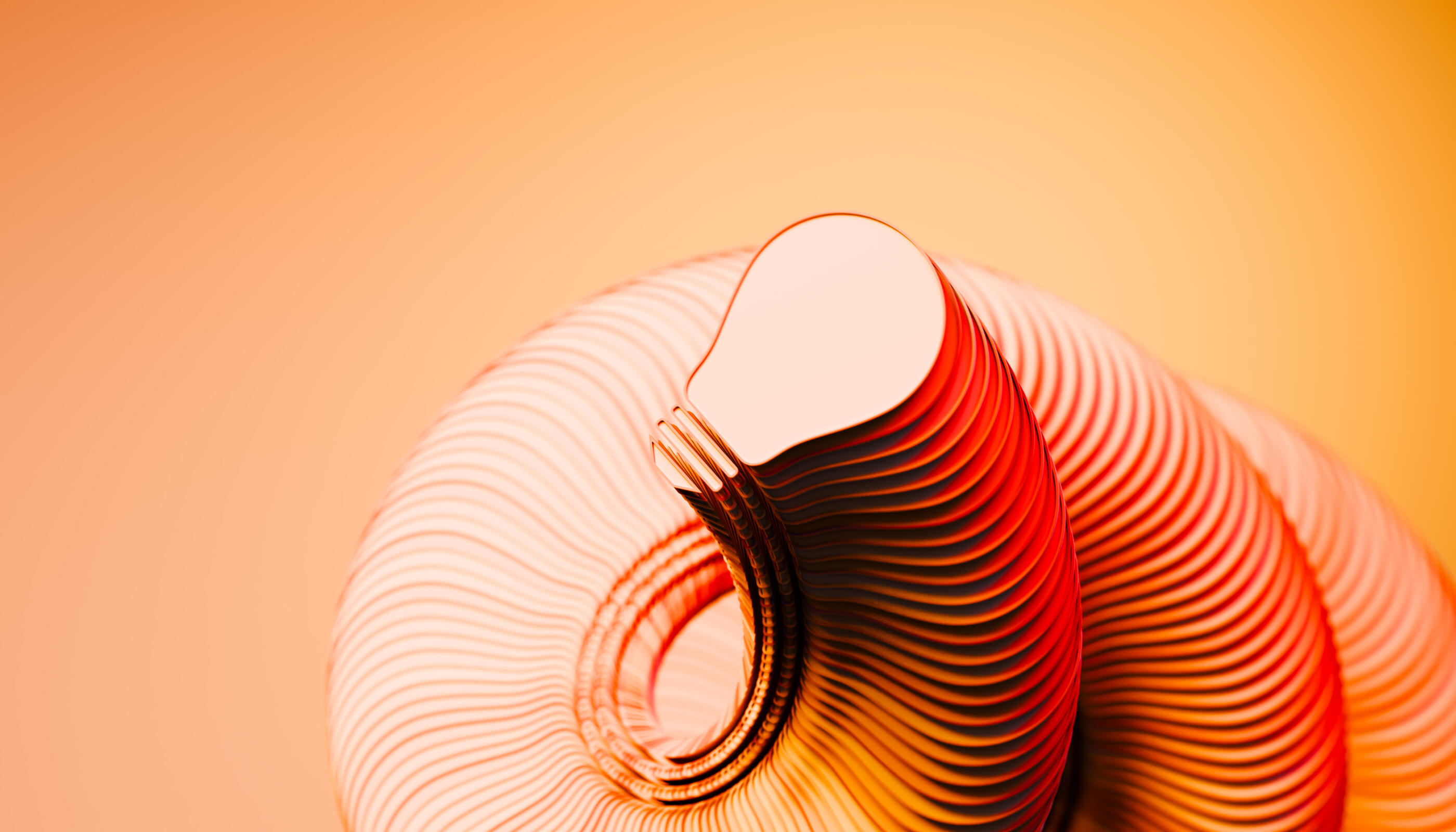 Conceptual image of a prominent abstract light bulb form built from layered ribbed stripes in warm shades of orange red and peach creating a coiled spiral structure against a solid vibrant orange background in a studio setting. This stylized 3D rendered conceptual artwork embodies the energetic passionate flow of ideas innovation and the transformative power of artificial intelligence through its glowing layered construction and dynamic curves. The rich warm color palette generates strong visual heat and depth while the clean background enhances focus and provides copy space for an atmospheric mood of vitality motivation and bright future potential. The precise digitally generated details with luminous gradients highlight elegance simplicity and modern abstraction perfect for illustrating creative energy generative AI breakthroughs personal inspiration and technological advancement across business marketing education and design industries. This conceptual symbol captures the essence of ideas igniting change and driving progress in a visually compelling contemporary style.