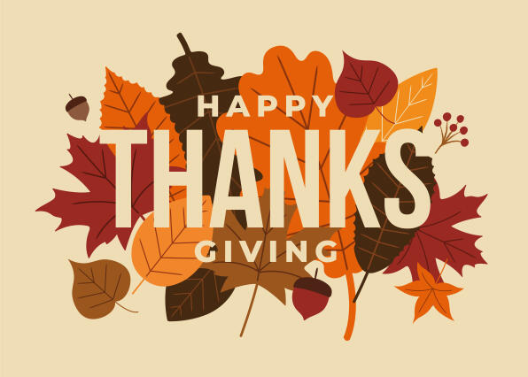 Happy Thanksgiving Card with Fall Leaves background.