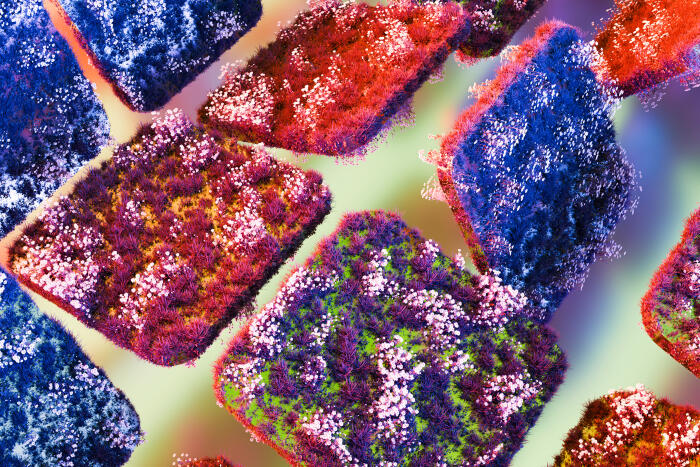 Colorful 3D abstract blocks covered in vibrant grass and flowers floating in space. Futuristic background, surreal nature design. Perfect for fantasy, innovation, or eco-technology themes.