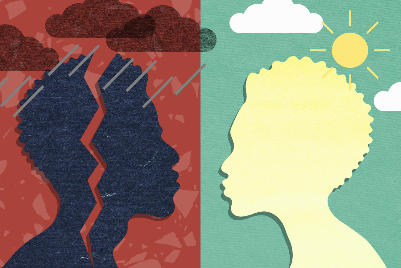 Rain clouds above a man and sunshine above a woman