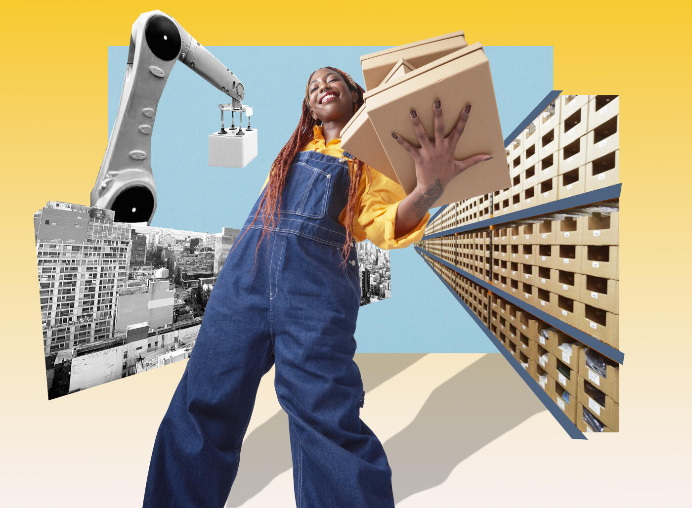 Woman in overalls standing in factory with boxes of product
