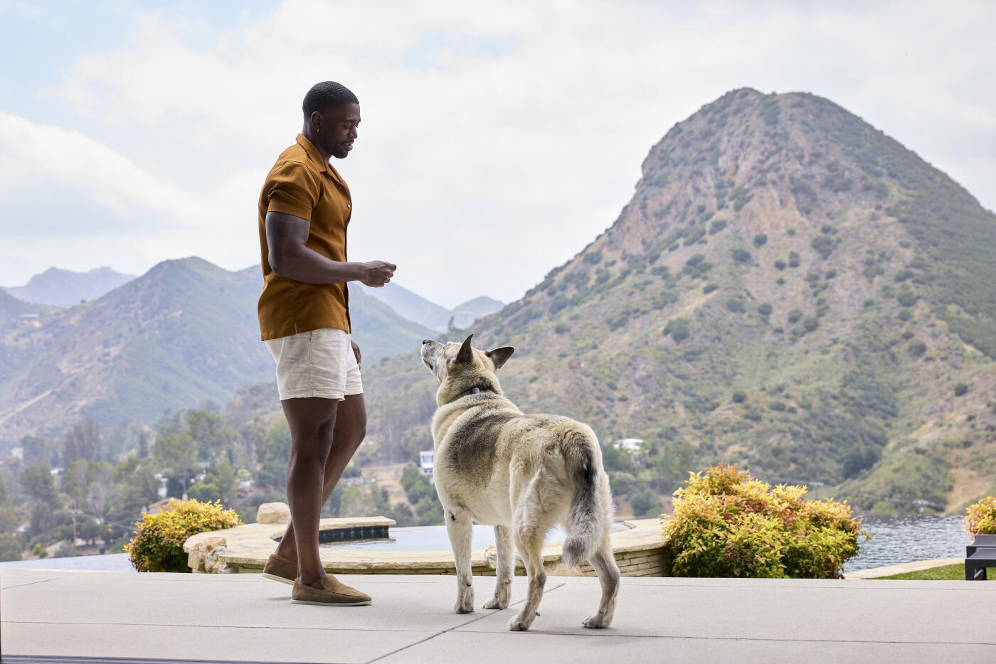 Full-length shot of a handsome mid-adult African-American man bonding with his dog on the patio of a modern luxury home. The man and his pet are standing together outdoors in a tranquil mountain setting during the day, capturing a moment of happiness, love, and companionship.