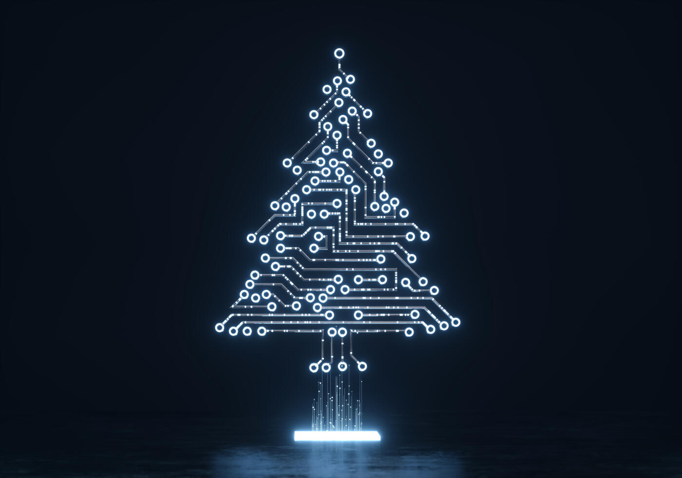 Digital generated image of Christmas tree made out of microscheme and glowing tiny particles on it against black background.