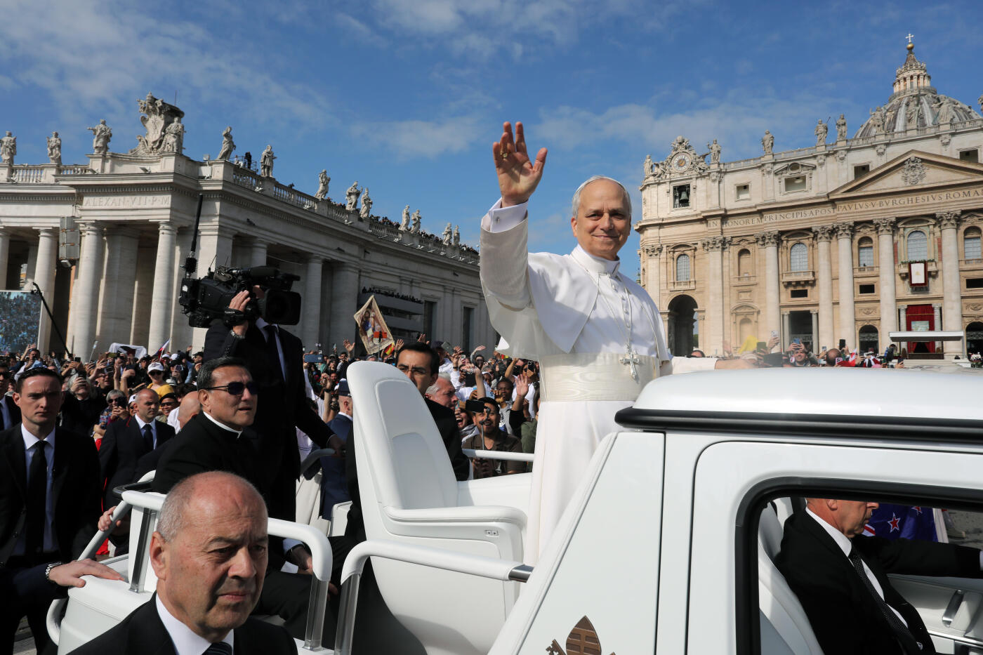 VATICAN CITY, VATICAN - MAY 18: Pope Leo XIV tours St.Peter's Square in the Popemobile prior to his inauguration mass on May 18, 2025 in Vatican City, Vatican. Pope Leo XIV (formerly Robert Francis Prevost) presided over his inauguration mass in St Peter's Square after his election on May 8th. (Photo by Marco Di Lauro/Getty Images)