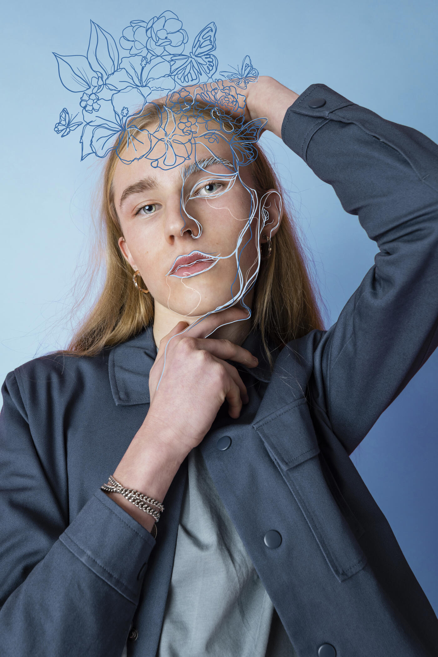 Portrait of a male teenager with one of his hands on his chin and the other on his head, with his head tilted slightly while looking at the camera with a serious look on his face. The image has been edited and digitally illustrated on top of with a digital brush tool.
