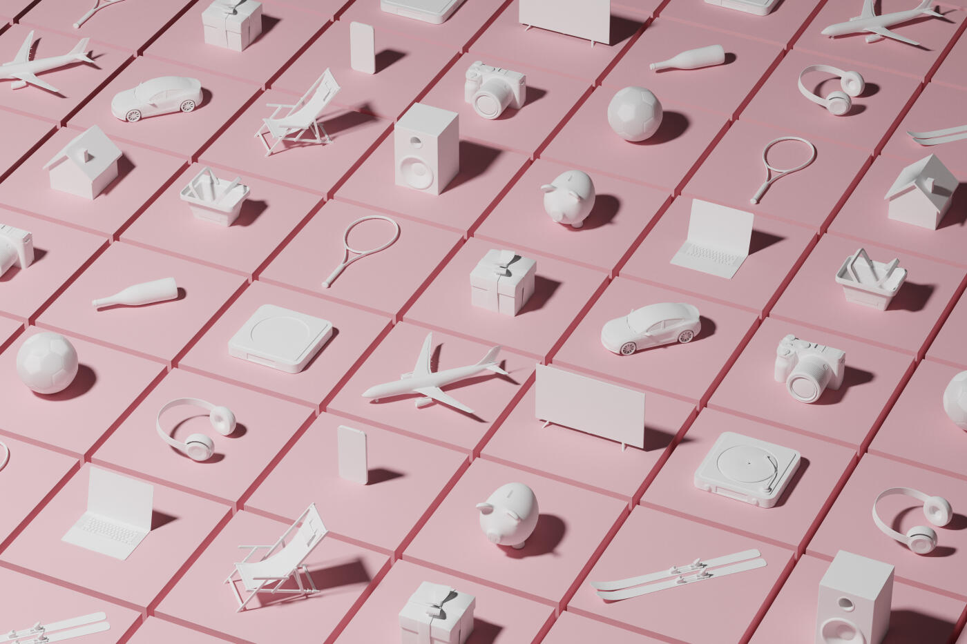 Conceptual image of a grid pattern of consumer objects such as home electronics, vacation items and leisure activity items on a pink background. Covers concepts around consumerism,  gift ideas and consumer inflation