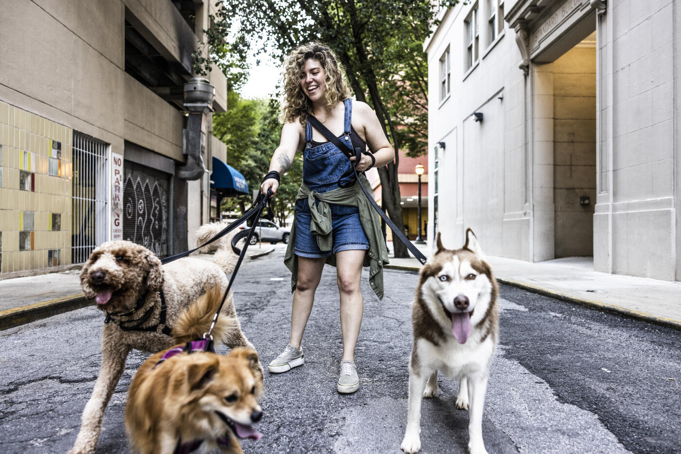 Young woman walking dogs in urban neighborhood