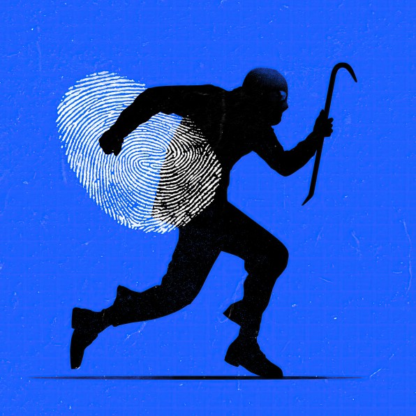 Thief with a crowbar stealing a fingerprint for identity theft