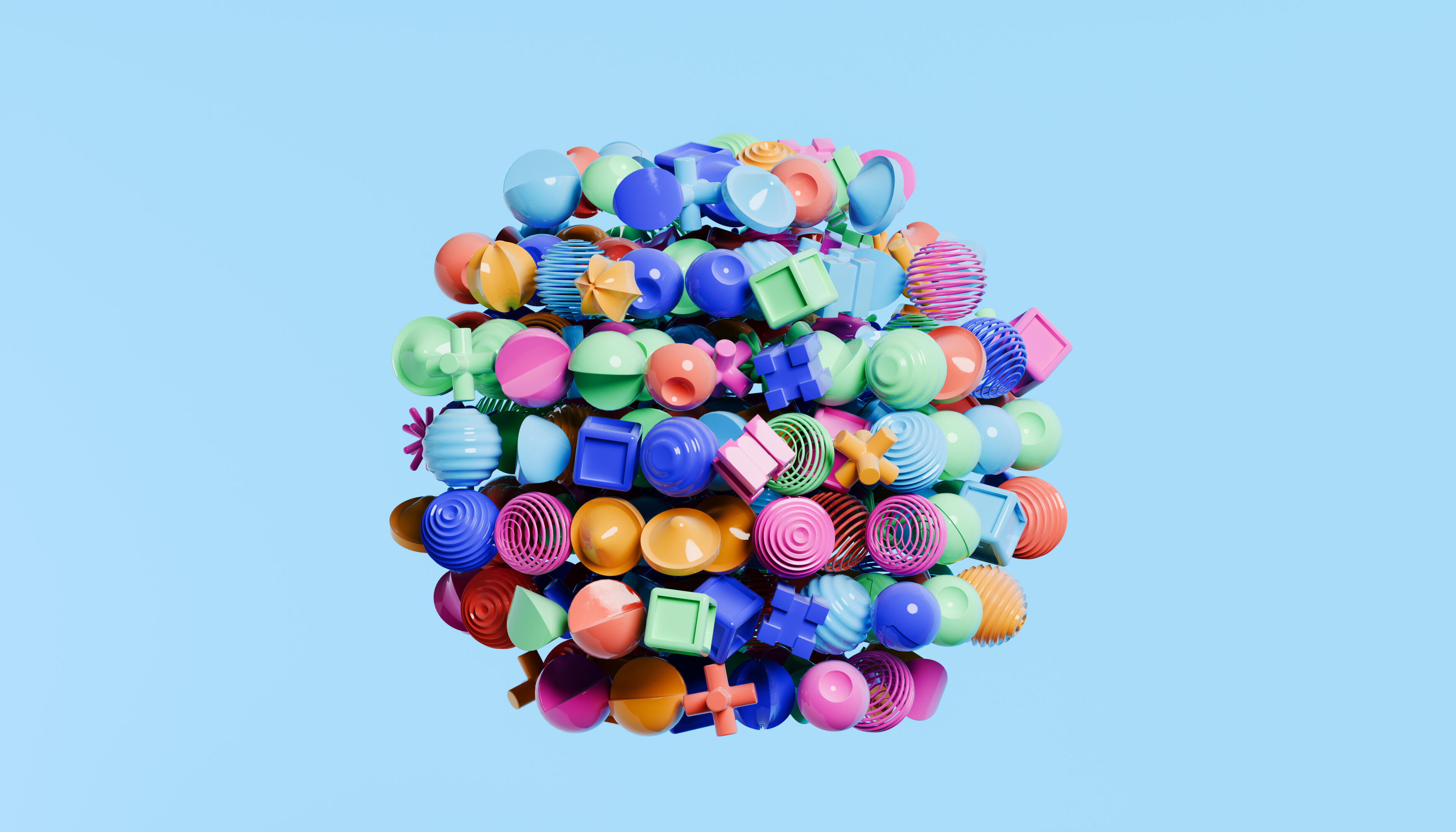 Core of Complexity – Central Sphere of Multicolored Abstract Forms Suspended on Blue