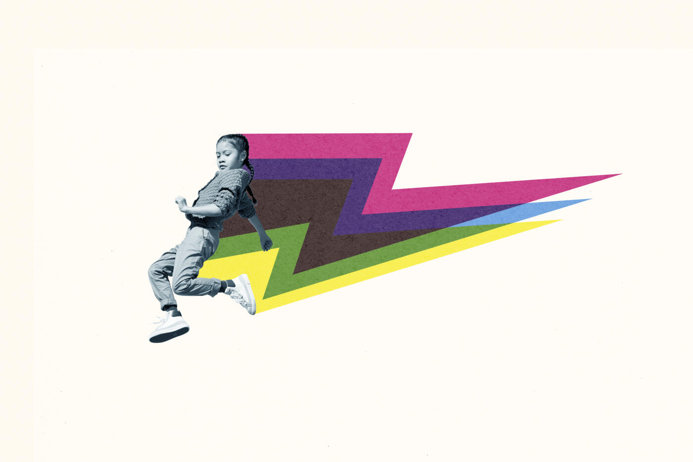 Side view of girl running ahead of multi colored bolt sign against white background