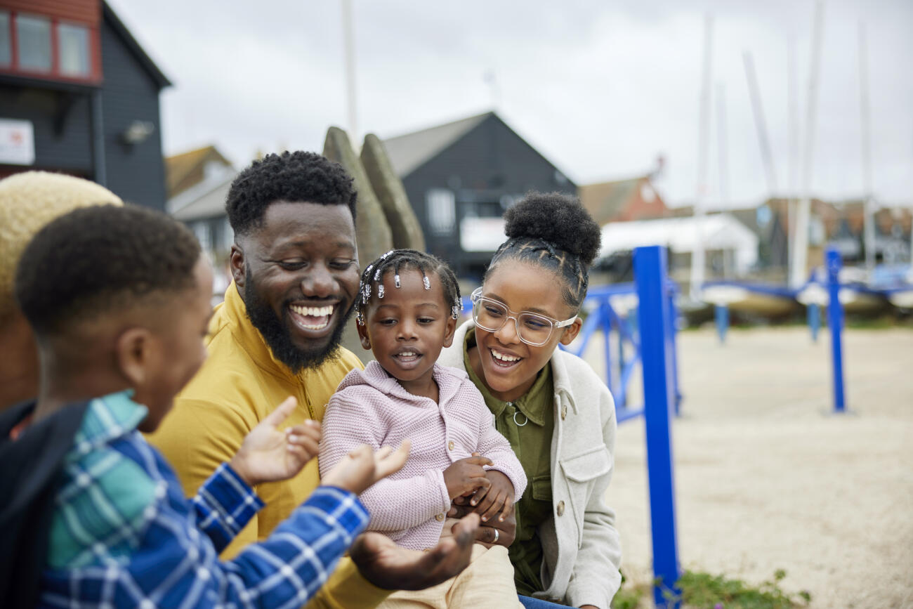 Family on day out by seaside relaxing