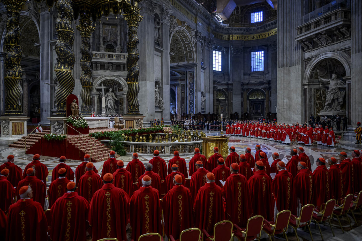 ROME, ITALY - APRIL 30: Cardinals attend the fifth Novemdiales mass held for the late Pope Francis in St. Peters Basilica, on April 30, 2025 in Rome, Italy. Funeral rites for the late Pope Francis are held for nine days after his burial as he is mourned and celebrated by the faithful. During this time, the Vatican prepares for the process to elect a new Pope, known as the Conclave, which must begin within 15 to 20 days of the Pope's death. (Photo by Antonio Masiello/Getty Images)