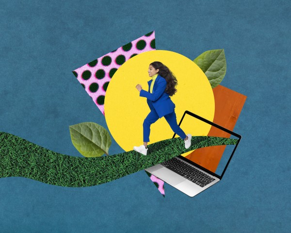 Collage image of Business woman running out of computer into a new beginning