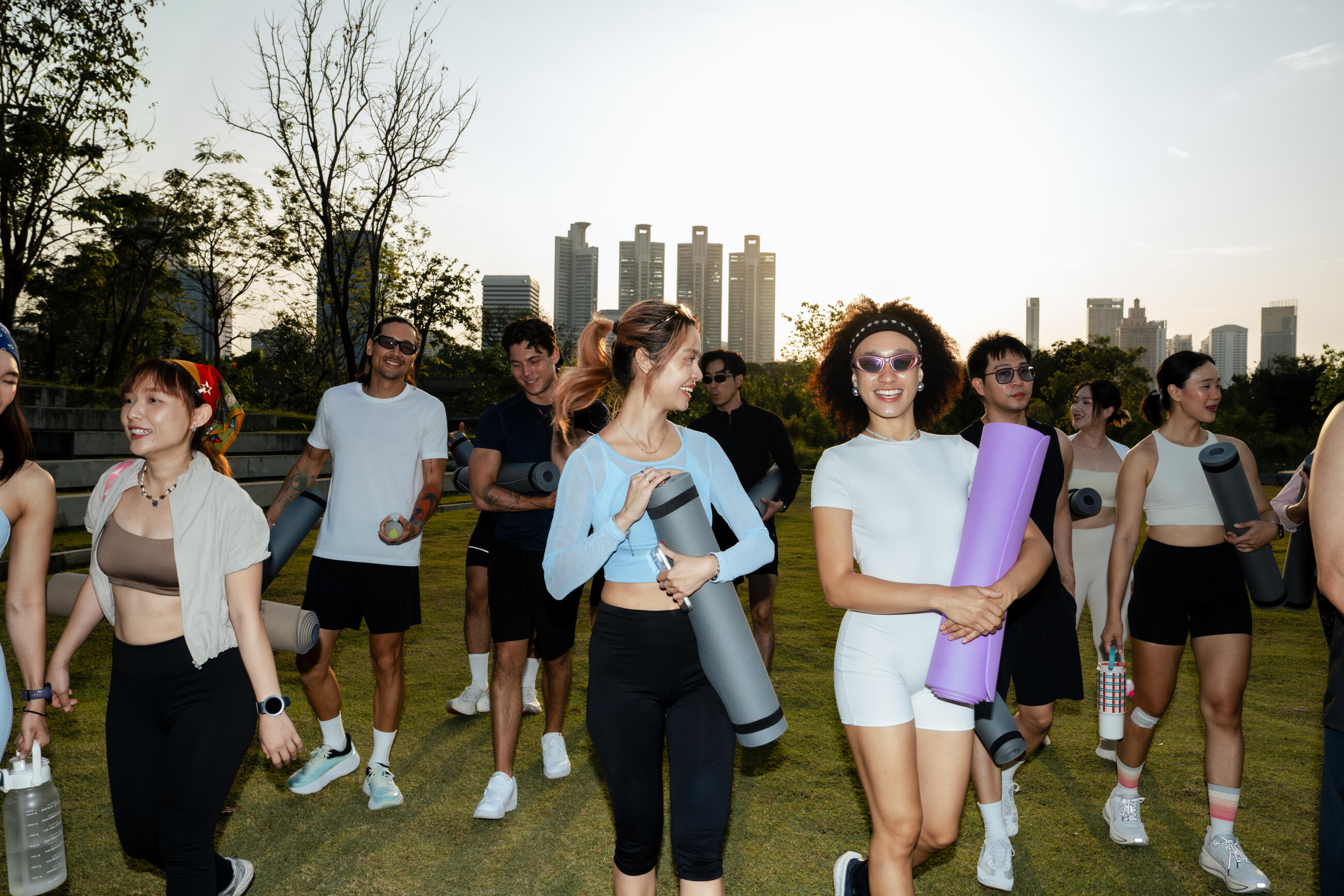 Diverse Run Club Gathering with Yoga Mats in Park, Outdoor Fitness, Wellness Lifestyle