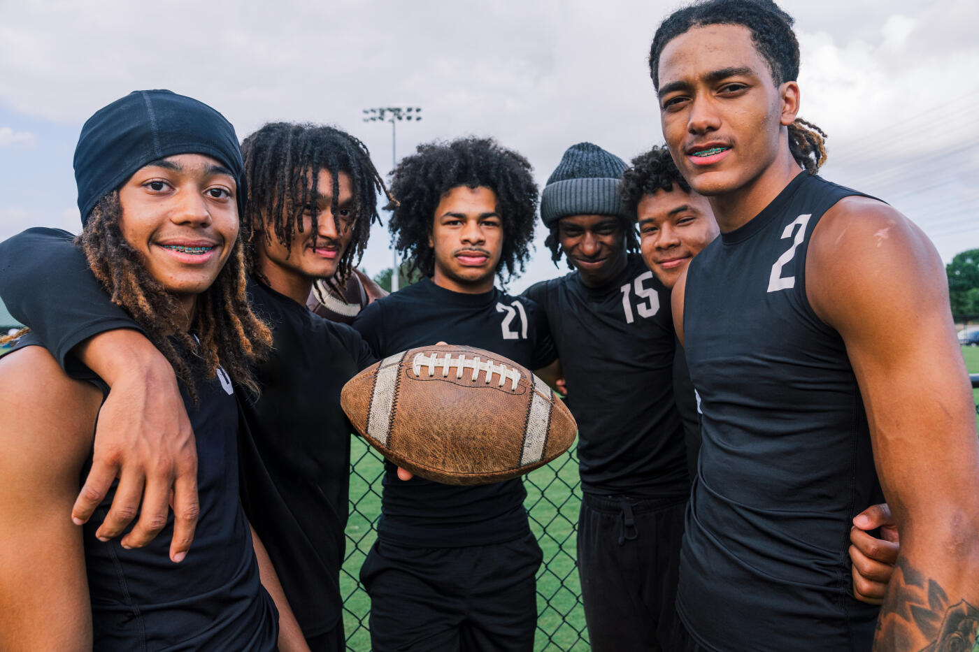 Youth Flag Football Player Athlete Boys Standing Together before Practice, Looking at Camera