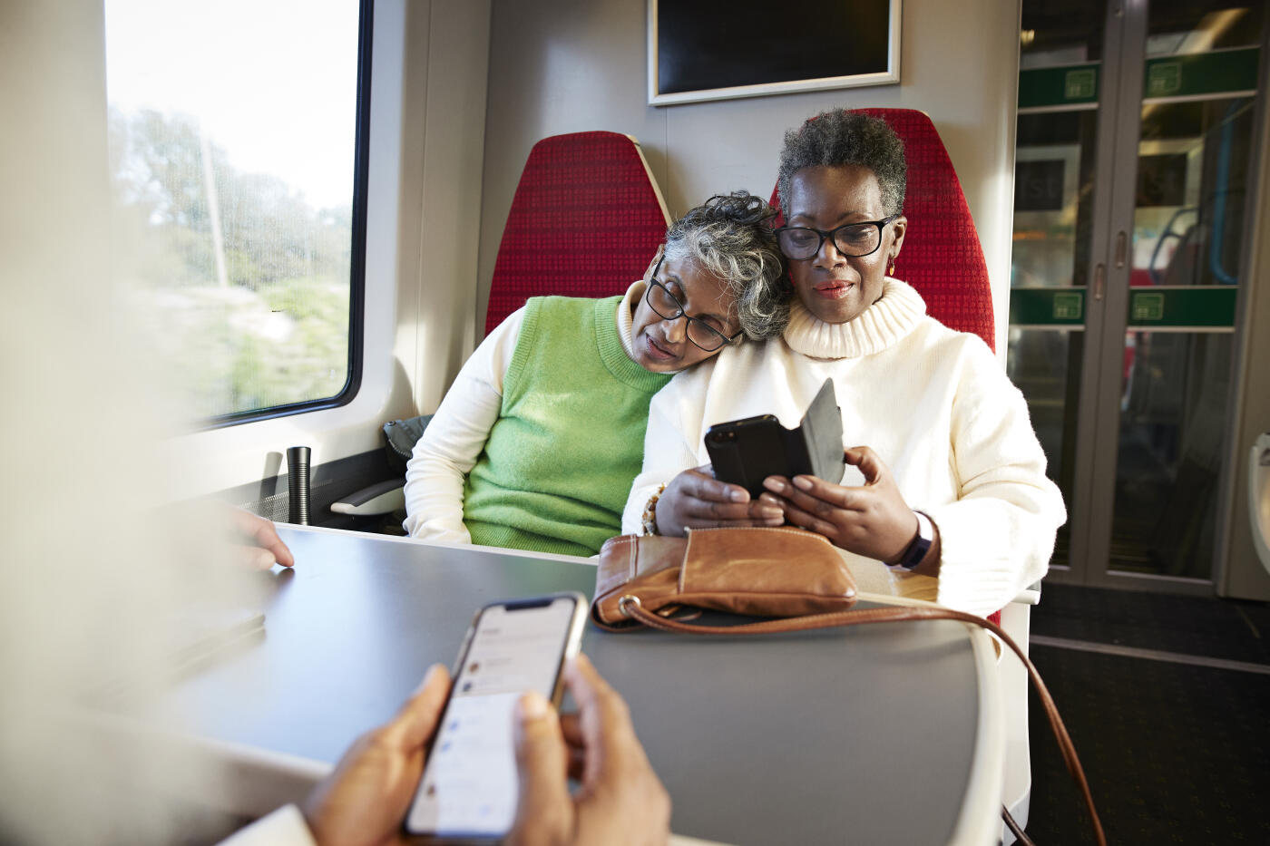 Senior woman leaning on female friend using mobile phone in train