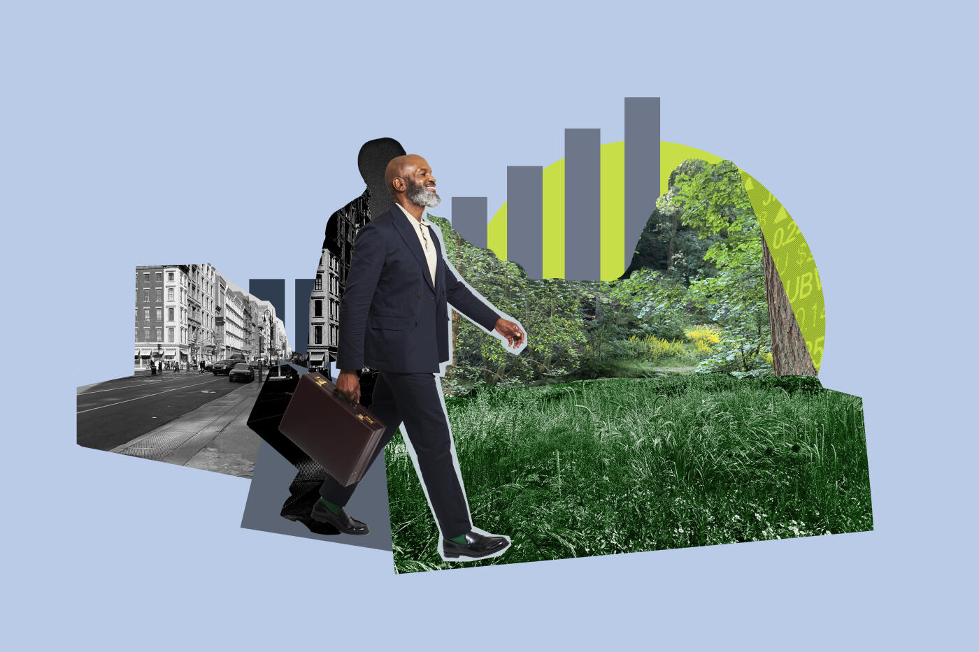 Collage of businessman  holding a briefcase, walking from the city to nature with a bar graph