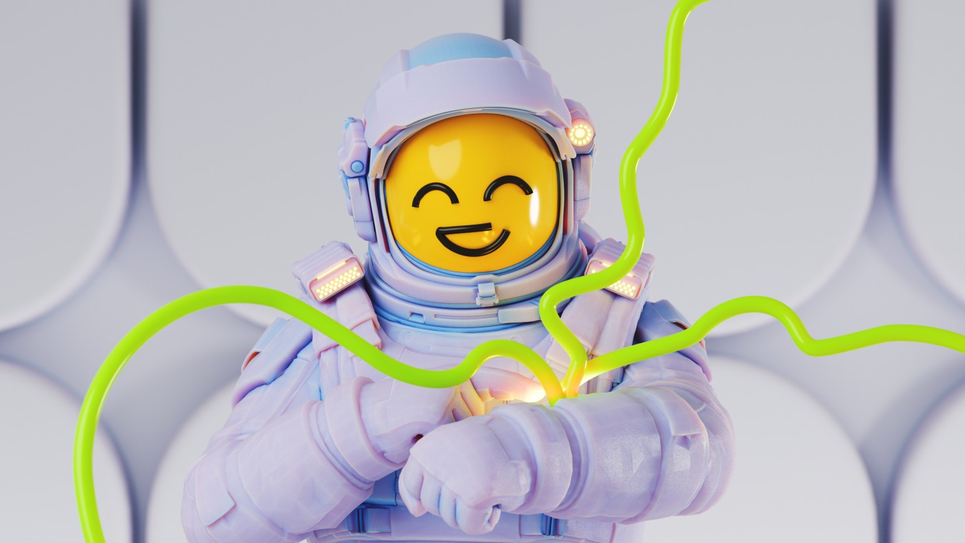 Smiley face astronaut tapping on wrist device