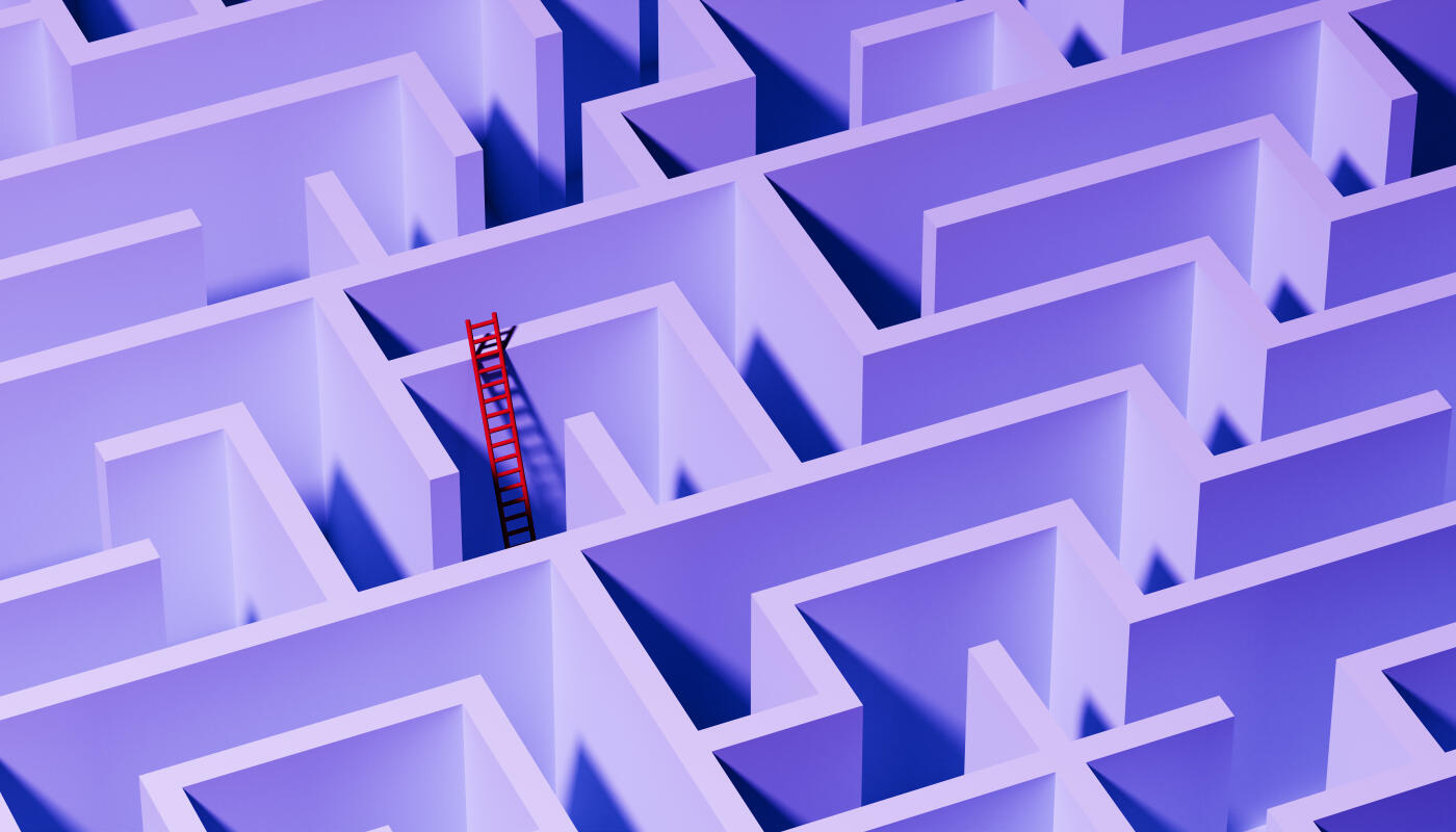 Conceptual image of a red ladder reaching out of a maze illustrating ideas like defying the odds, strategy and thinking outside of the box