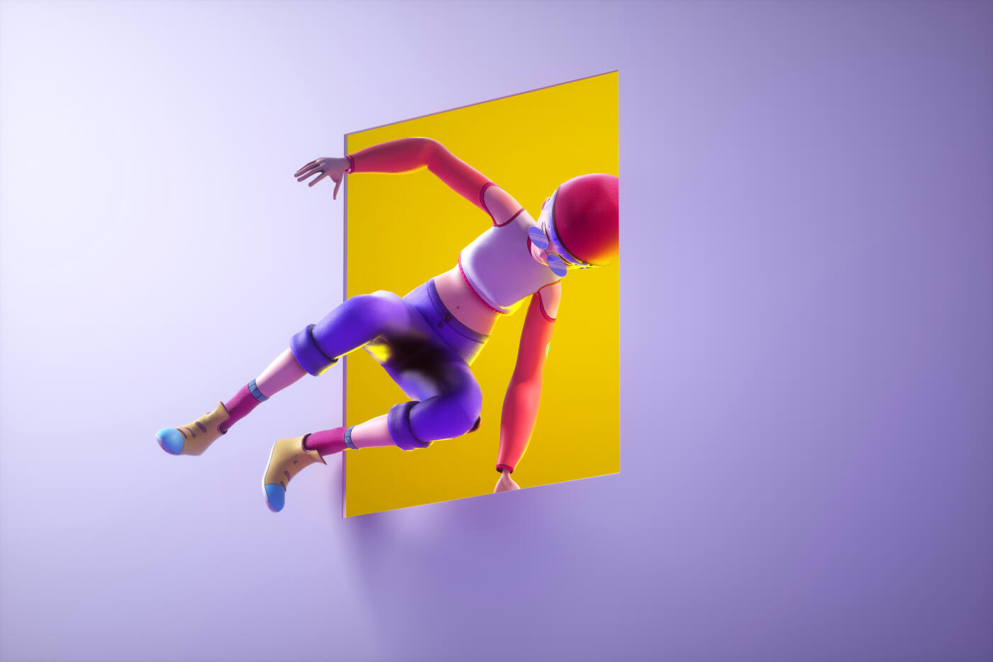 Digital generated image of female avatar jumping out from rectangular shaped portal door. Metaverse concept.
