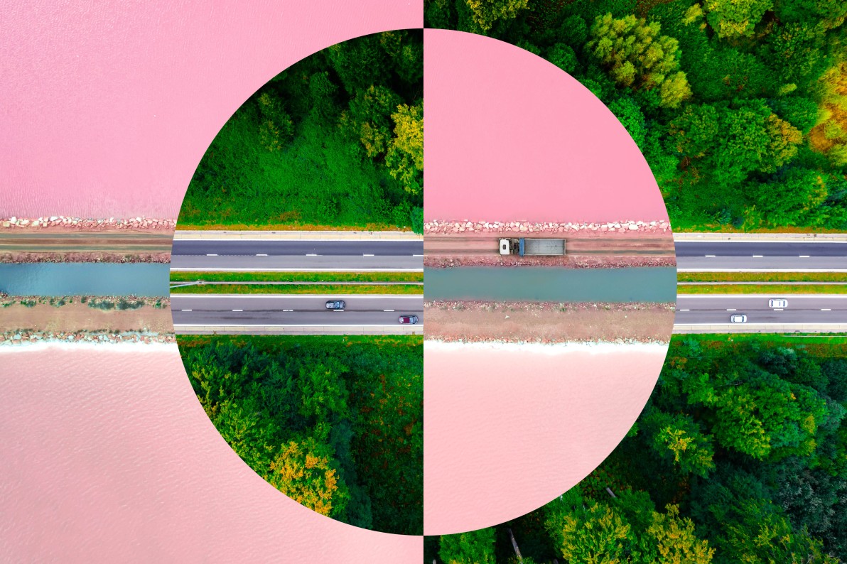 Creative composition, making a collage with circle shape of a roads seen from above taken by a drone, connecting the road in a unique way matching both pictures, with the dumper semi-truck driving in pink lagoon dirt road and high density highway in the Netherlands with green environment.