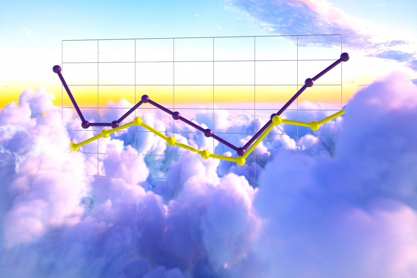Digital generated image of abstract multicoloured diagrams above puffy clouds.