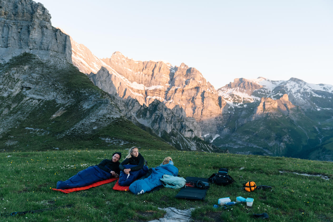Snow capped mountains distant; meadow in foreground