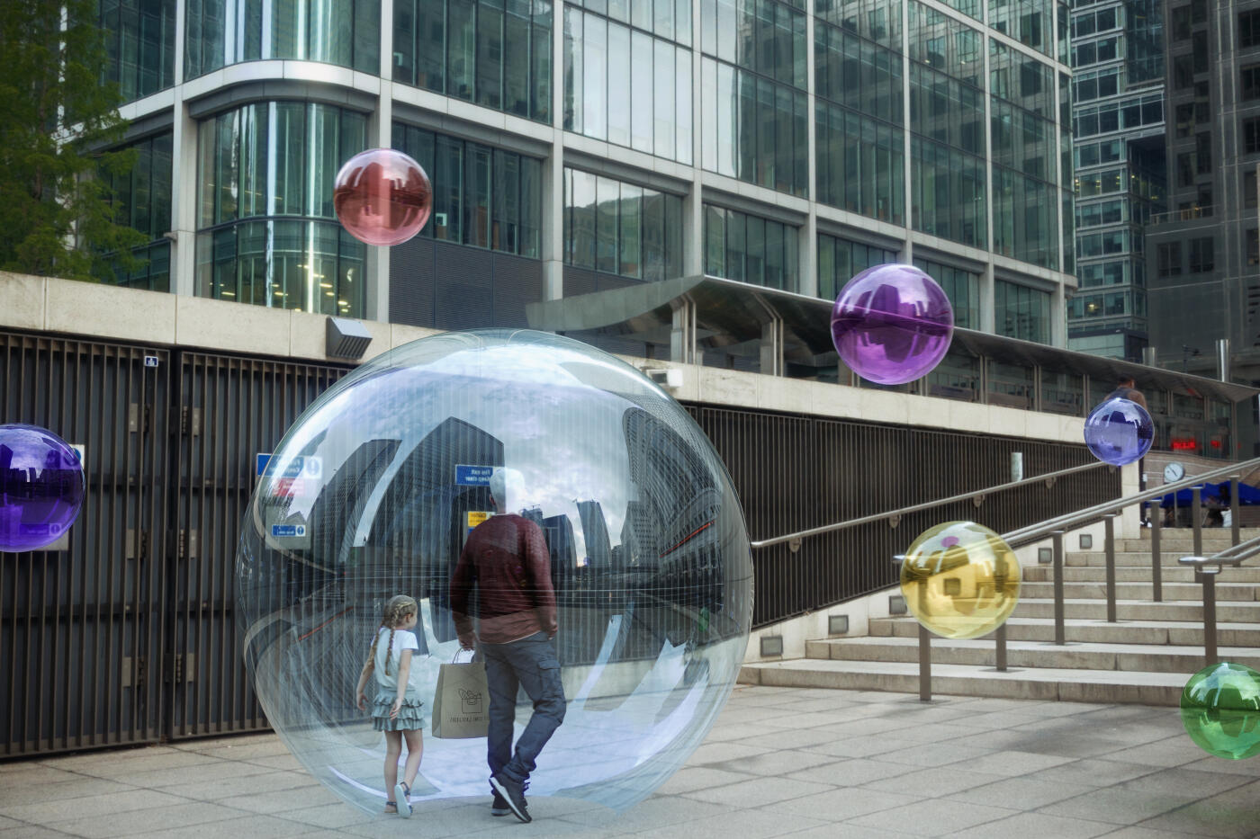 People inside glass bubble spheres in urban street with flying spheres around. (3d render)