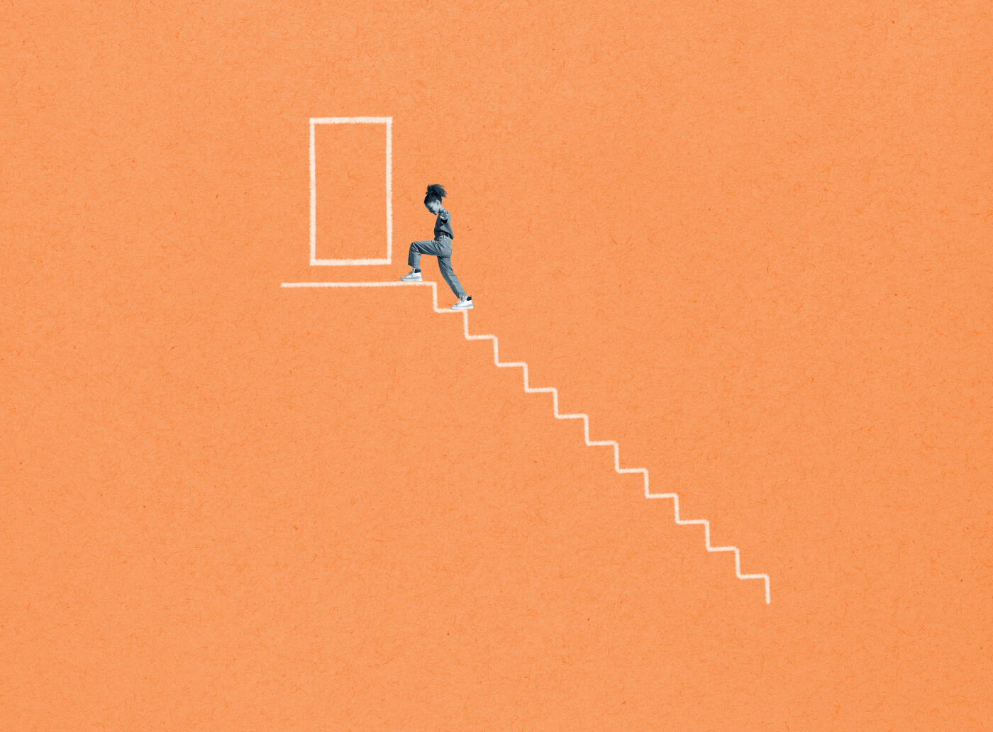 Side view of girl climbing steps leading towards door against orange background