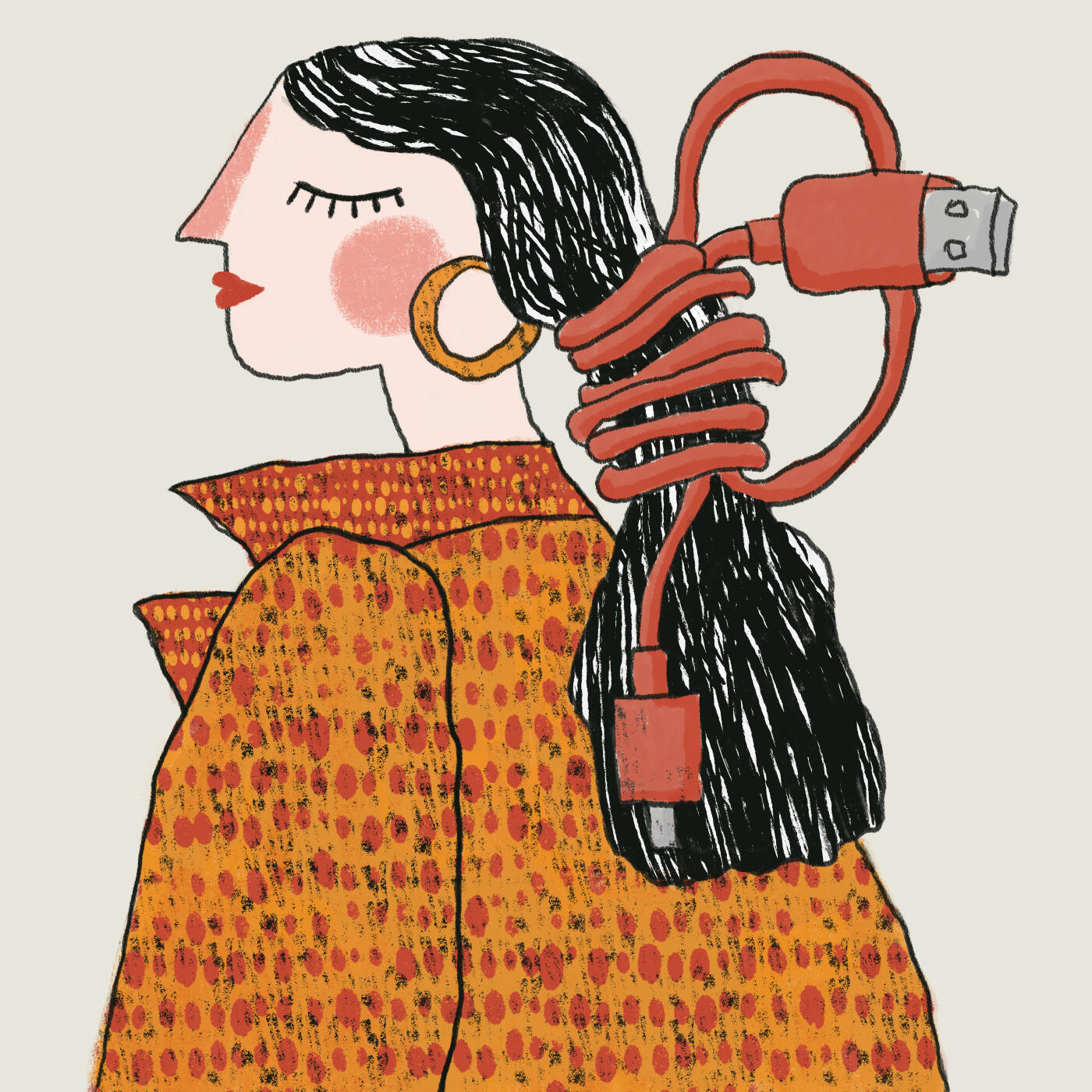 Creative hand-painted illustration of a woman whose long hair transforms into an electrical power cord, symbolizing technology dependence, digital overload, energy, connectivity, and modern lifestyle.