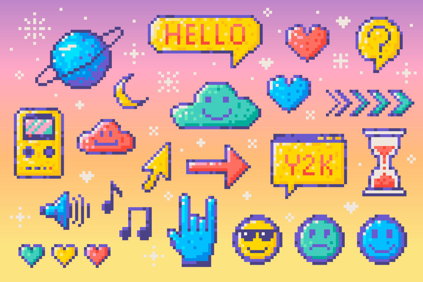Pixel art featuring colorful icons, game console, smiley faces, hearts, arrows, and speech bubbles with 'HELLO' and 'Y2K.' Set against a pastel gradient background.