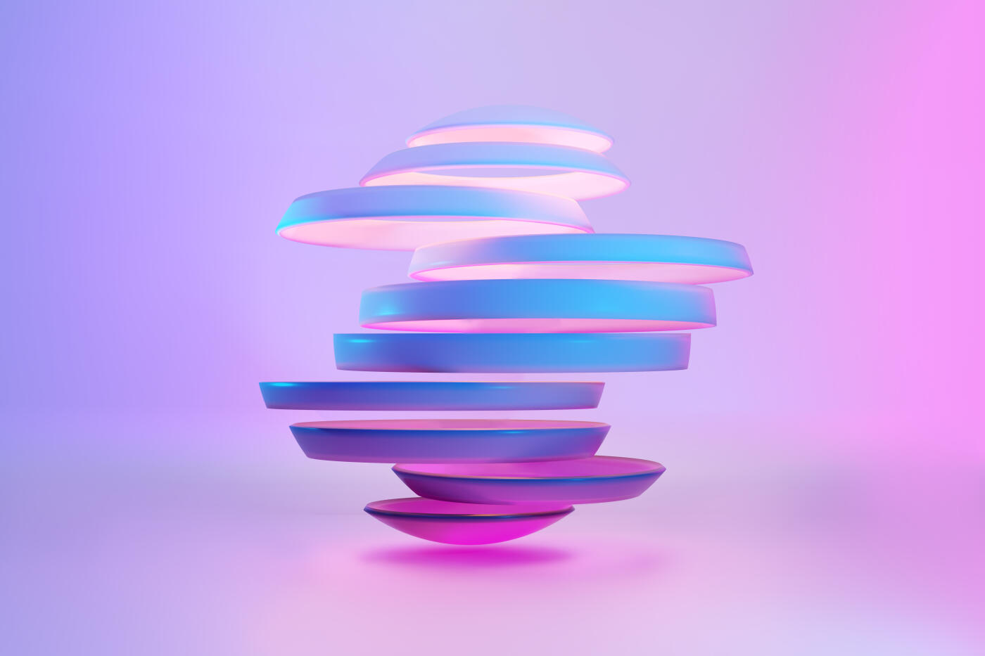 Abstract 3D composition of separated horizontal layers forming a spherical structure, symbolizing data architecture, modular systems, and digital transformation. The soft gradient palette and smooth geometry convey innovation, scalability, and modern technology trends. Ideal for concepts related to artificial intelligence, cloud computing, system design, and future digital ecosystems.