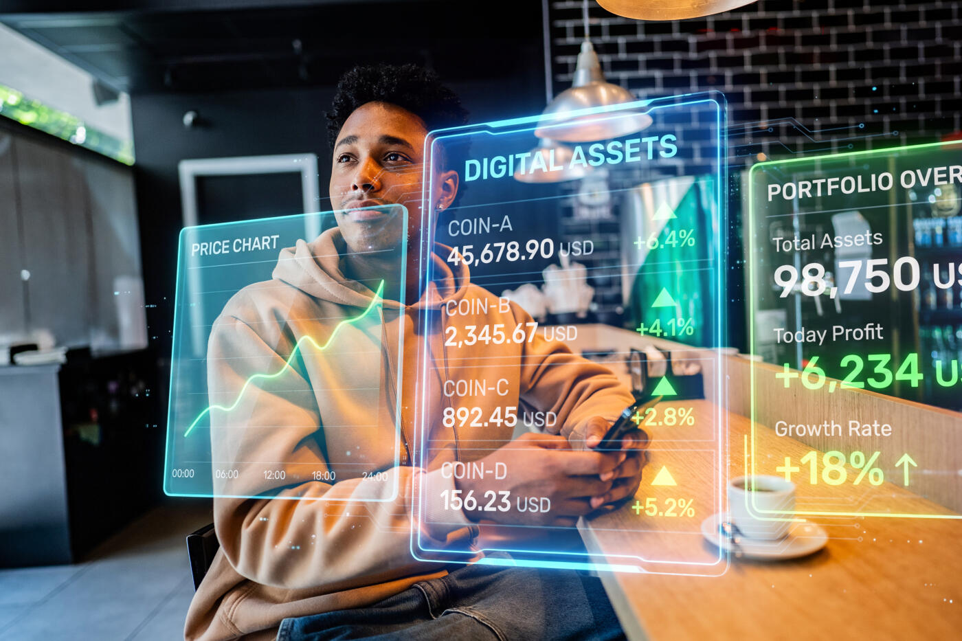 Young man visualizing smart finances infos with augmented reality technology concept