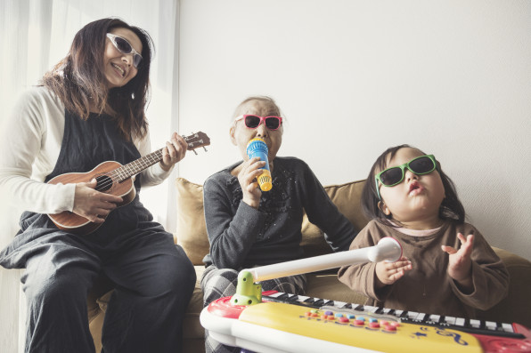 Homemade rock band wearing toy sunglasses