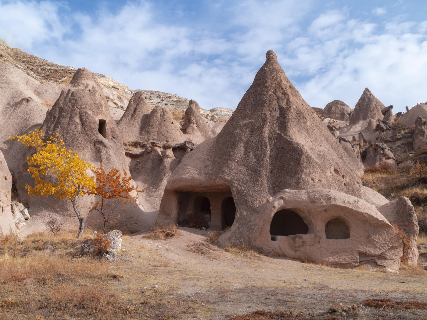 An infrared image of a traditional cave dwelling house in the Zelve Valley near Goreme, Cappadocia, Turkey