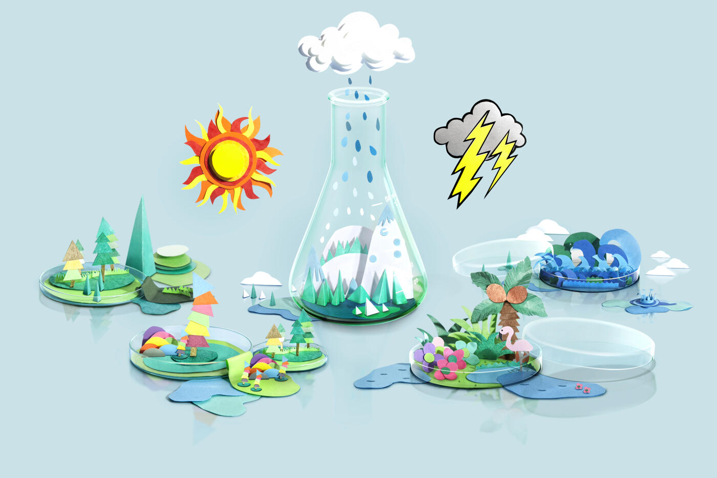 paper, paper craft, arts and crafts, elementary, weather, season, temperature, climate, art, abstract, studio, blue background, cute, humor, funny, playful, petri dish, science, experiment, climate change, environment, nature