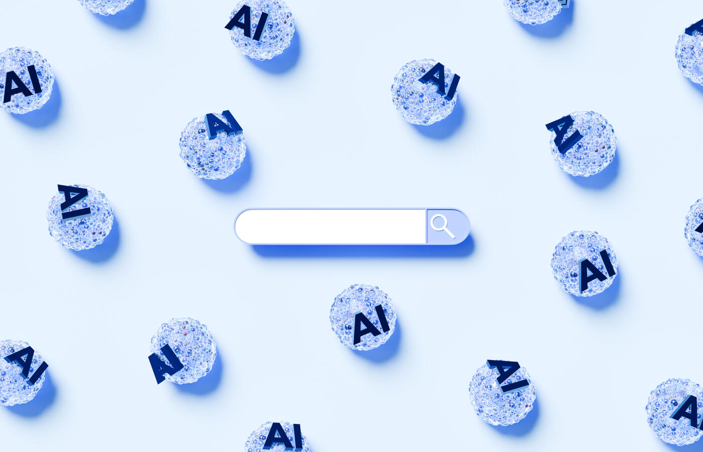 A collection of scattered AI symbols surrounds a central, hovering search bar, symbolizing the search for artificial intelligence solutions and advancements. The clean design and modern aesthetic make it ideal for technology content, AI-related innovation, and digital marketing materials, with ample copy space for customization.
