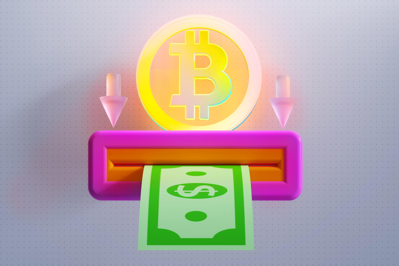 Digital generated image of abstract vibrant coloured crypto currency coin with glowing bitcoin sign on it moving through terminal and turning into abstract paper dollar note. Cryptocurrency withdrawing concept.