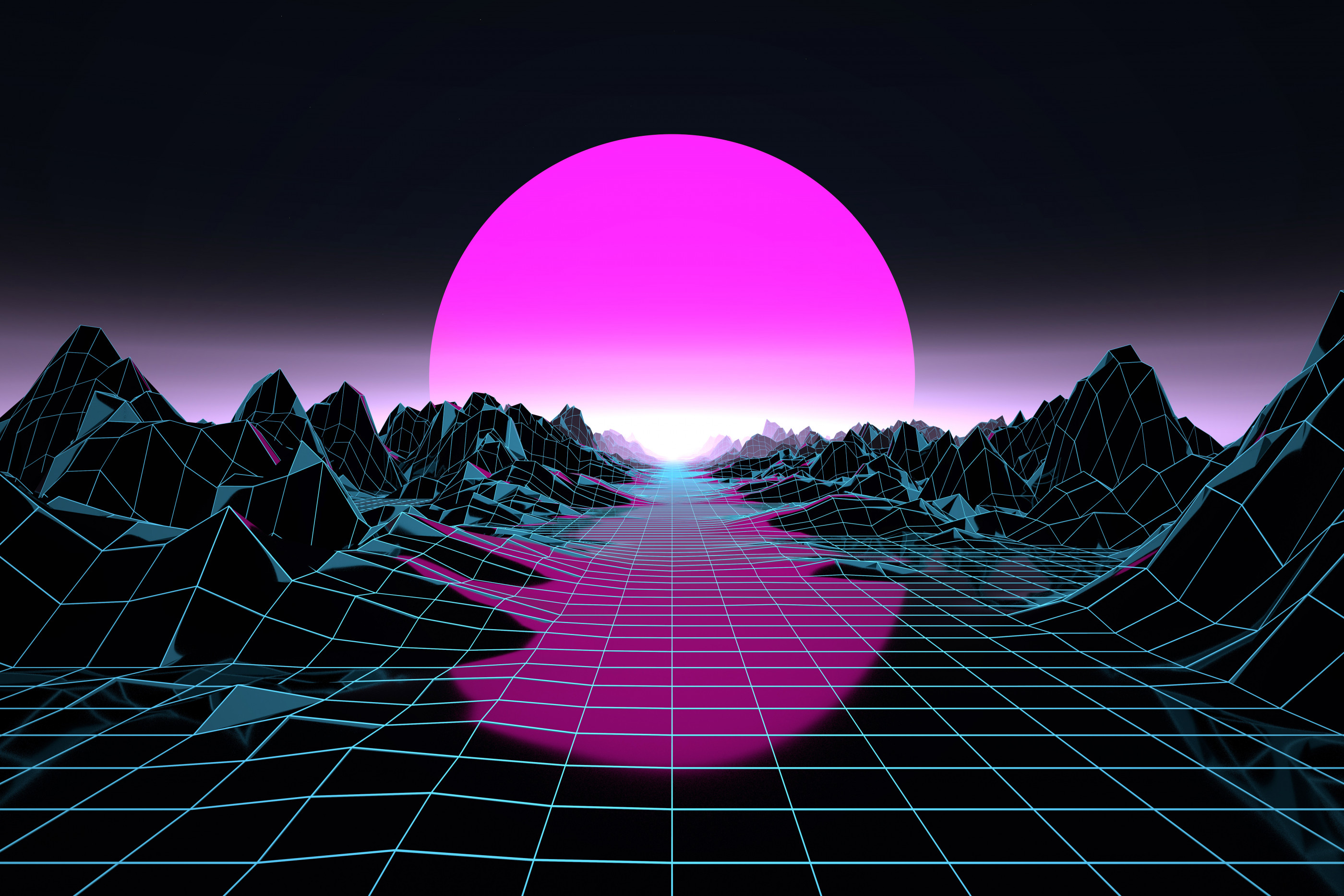 Futuristic digital render in cyber landscape with big low sun. Synthwave style