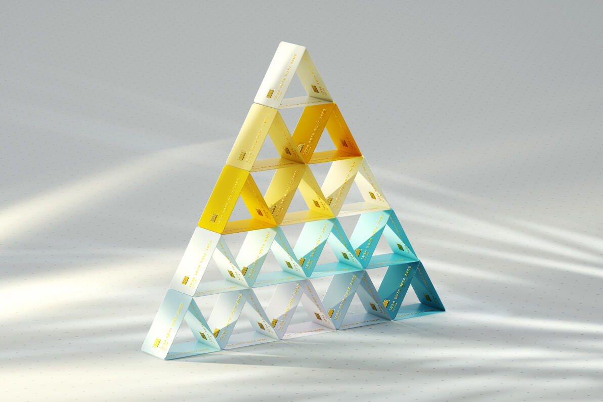 Digital generated image of multicoloured credit cards organized into triangular pattern. Payment technology and security concept.