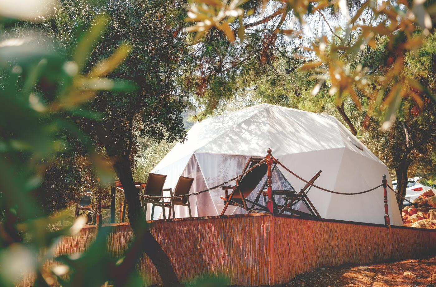 Glamping dome tent in forest. Luxury camping.