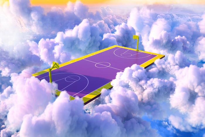 Basketball court above in the sky.