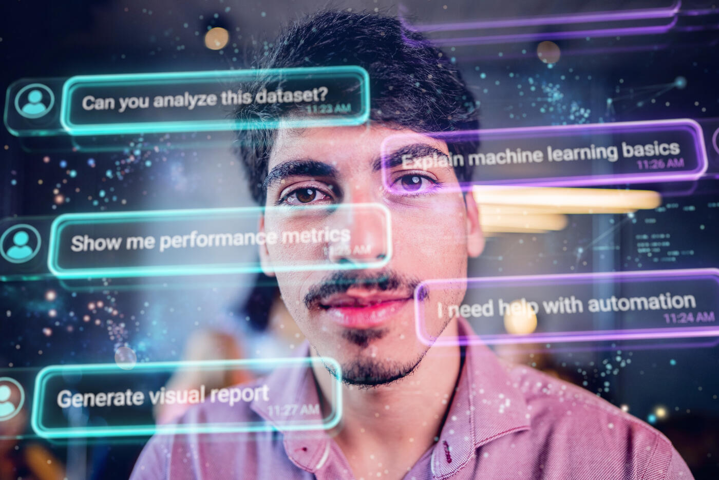 A man interacting with a futuristic augmented reality AI interface, with holographic panels displaying digital information