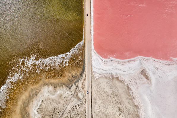 Aerial view over pink salt lake in South Australia. Lake MacDonnell, Point Sinclair - South Australia