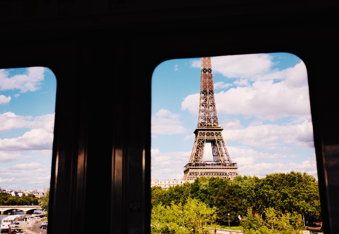 France, Paris, Eiffel Tower seen from a train window