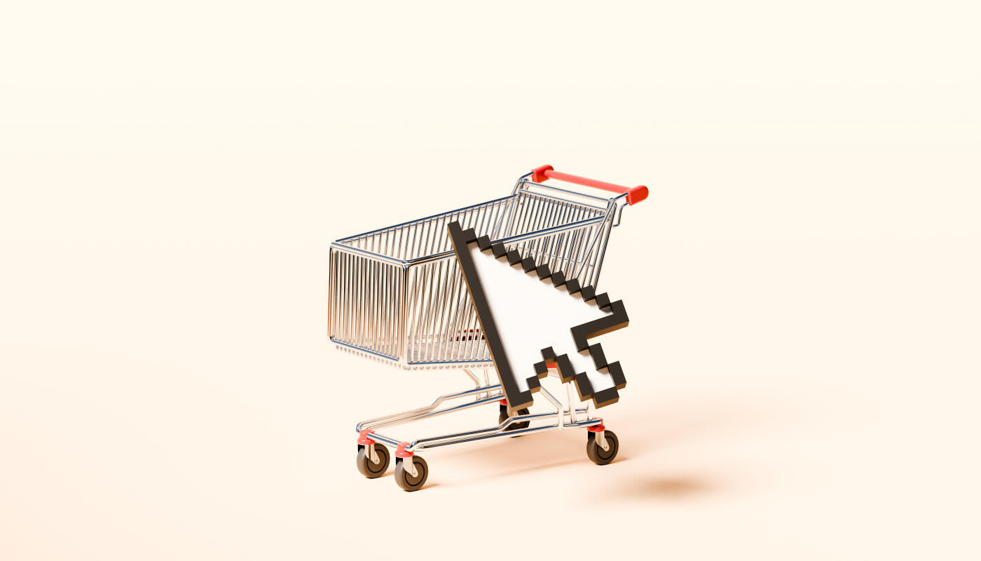 A dramatically oversized mouse cursor hovers over a shopping cart symbol, representing the simplicity and immediacy of online shopping. The clean, digital aesthetic highlights the role of technology in modern retail, emphasizing the power of a single click to complete a purchase. This versatile image is ideal for illustrating e-commerce concepts, digital transactions, and the evolution of consumer habits in the online marketplace.