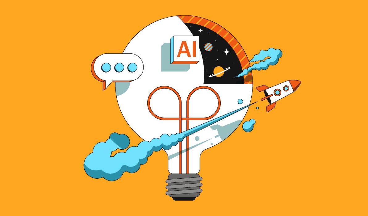 Lightbulb and launching rocket. Idea, inspiration, brainstorming concept. Vector illustration.