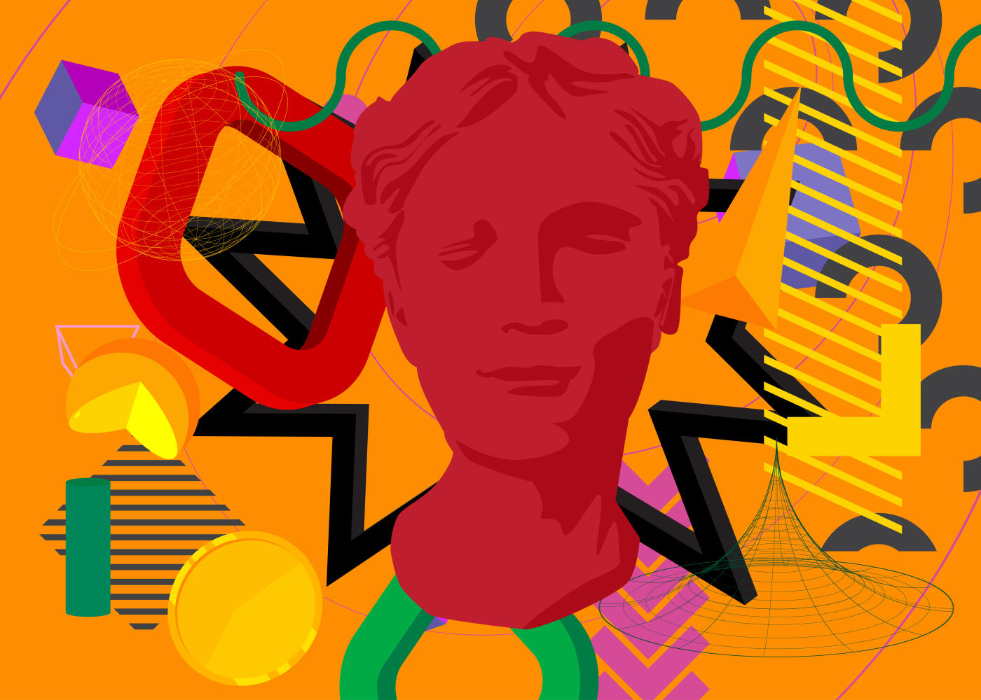 Head Statue geometrical graphic retro theme background. Minimal geometric elements. Vintage abstract shapes vector illustration.