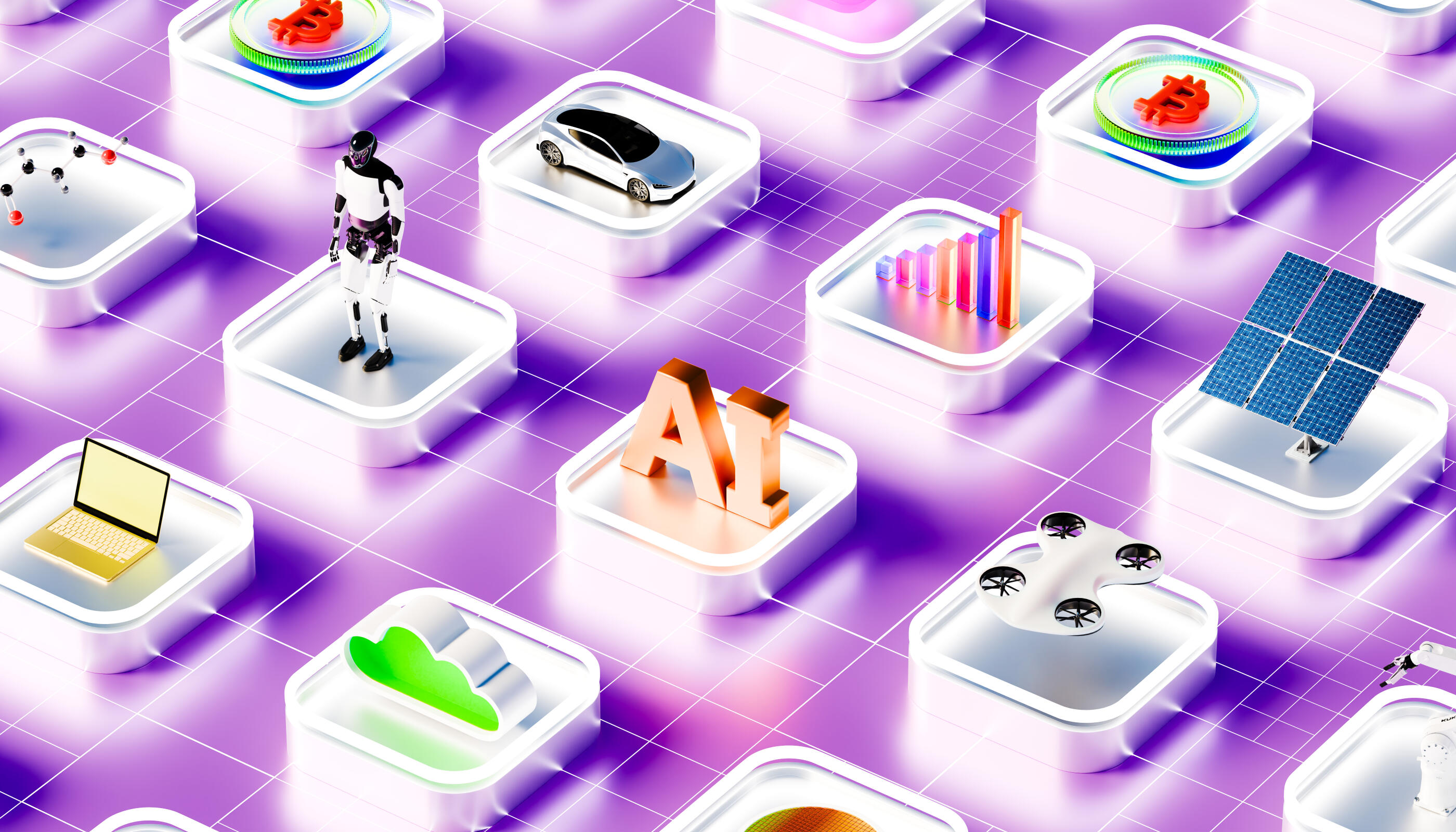 Conceptual image of a vibrant purple grid background with white floating platforms displaying a humanoid robot a laptop a solar panel a silver car a bar chart an orange AI text a green cloud a drone and Bitcoin symbols all with glowing neon accents and modern 3D rendering. This conceptual piece represents artificial intelligence robotics cryptocurrency renewable energy and technological advancement in a futuristic digital ecosystem with clean lines vibrant colors and innovative mood ideal for technology business and innovation themes.