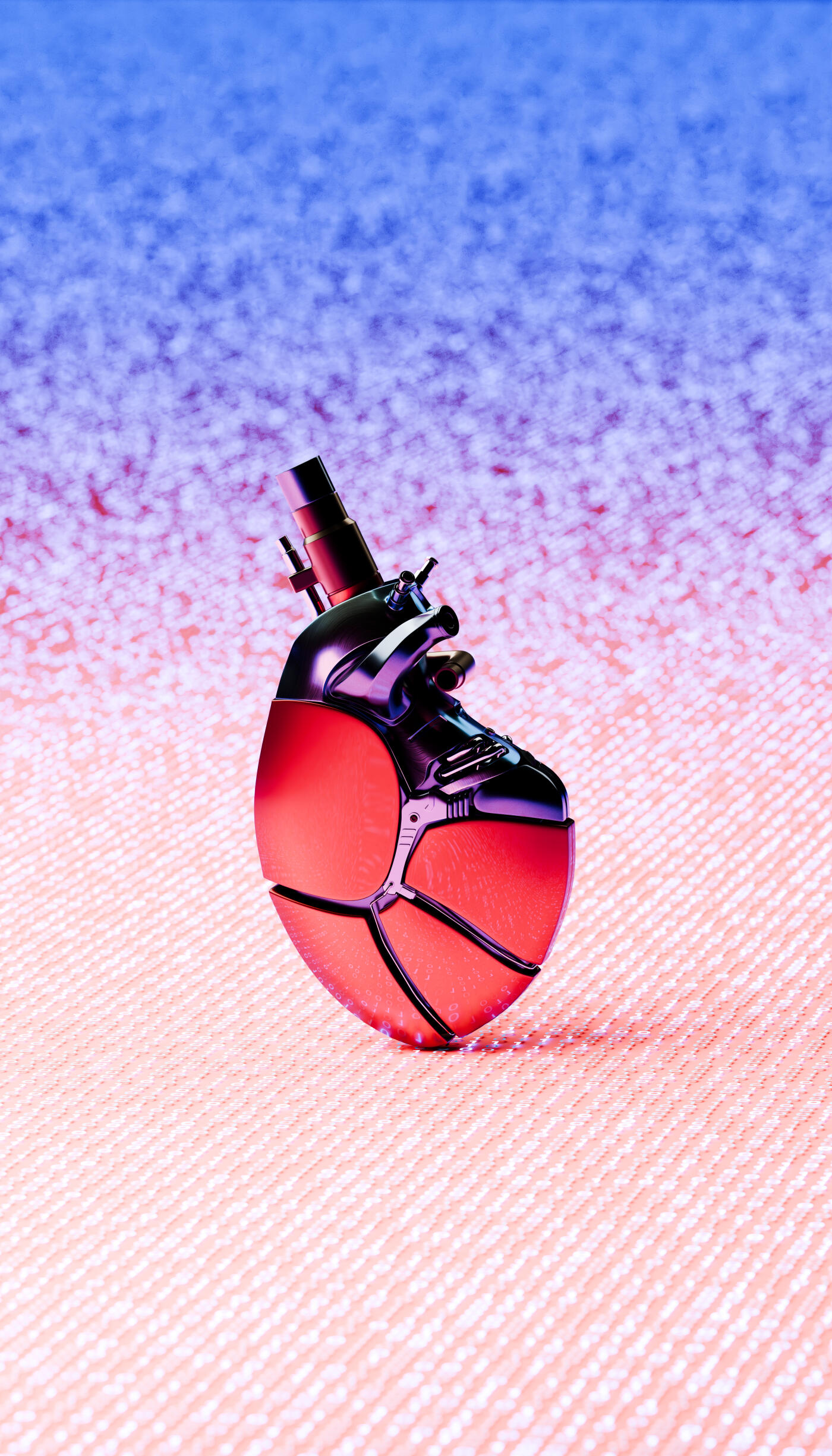 A polished metallic heart hovers in front of a dynamic wall of blue-toned binary code, with selective focus highlighting the heart while the digital background softly blurs. The composition emphasizes the intersection of technology and cardiology, representing AI-assisted diagnostics, heart transplant planning, and advanced medical monitoring. The reflective surface of the heart suggests precision and artificial enhancement, while the surrounding data streams convey the integration of intelligent algorithms and digital information in modern healthcare solutions.